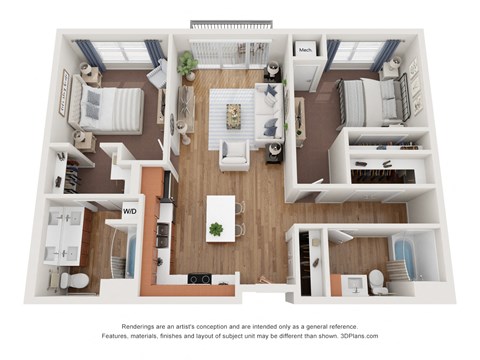 Floor plan for 2 beds, 2 baths, 1044 sqft